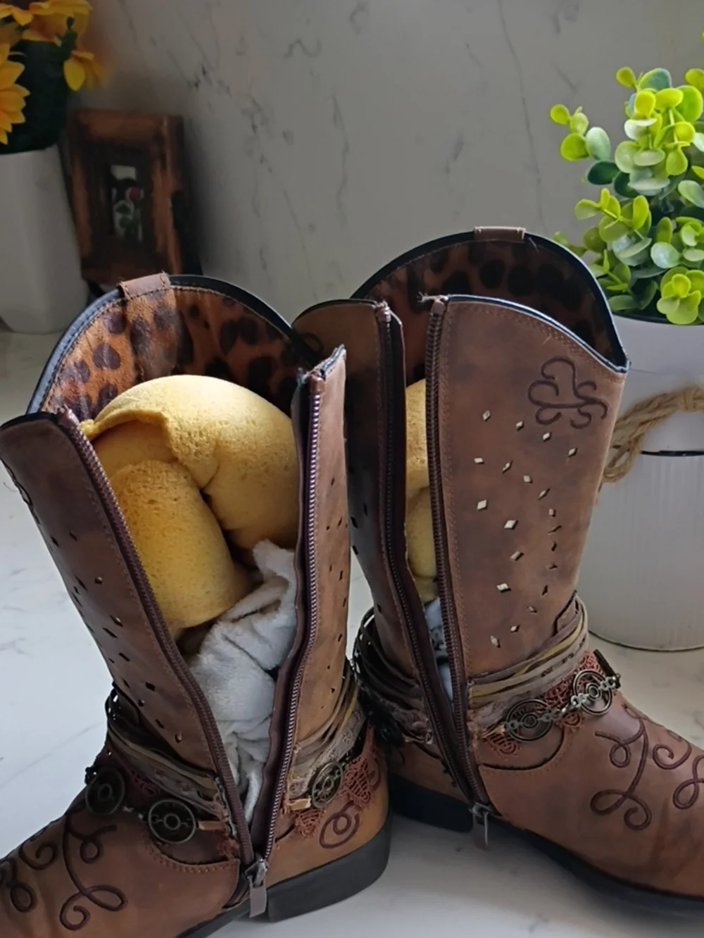 Rodeo Ropers Brown Embroidered Western Boots with Coin & Lace Accents